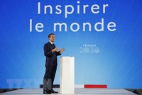 Tổng thống Pháp Emmanuel Macron phát biểu tại hội nghị ở Paris, Pháp, ngày 12/10/2021. (Ảnh: AFP/TTXVN).
