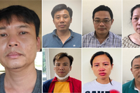 Các bị can (từ trái qua phải): Nguyễn Xuân Hanh; Đỗ Quang Tiến; Đỗ Khắc Tú Anh; Nguyễn Thị Ngọc Lâm; Nguyễn Tuấn Nghĩa; Kiều Thị Thúy; Hoàng Đình Văn.