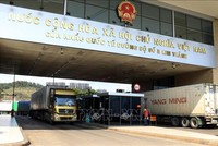 Các xe hàng nông sản chờ làm thủ tục xuất khẩu sang Trung Quốc. Ảnh: Quốc Khánh/TTXVN