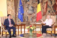 Chủ tịch Quốc hội Vương Đình Huệ hội đàm với Chủ tịch Hạ viện Bỉ Eliane Tillieux (Ảnh - TTXVN)
