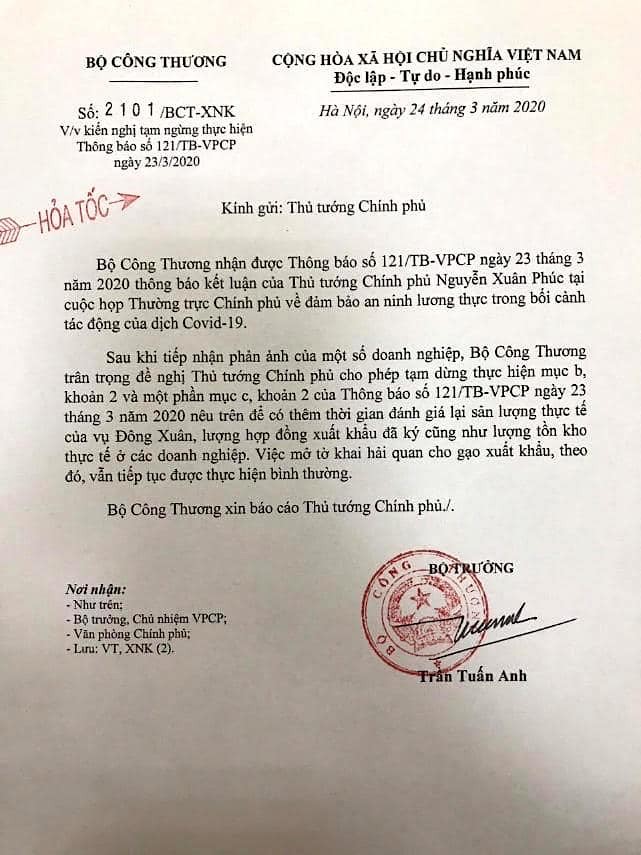 Bộ Công Thương kiến nghị hoãn quyết định tạm ngừng xuất khẩu gạo ảnh 1