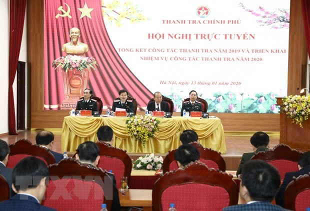 Phó Thủ tướng Thường trực Trương Hòa Bình với lãnh đạo Thanh tra Chính phủ chủ trì Hội nghị. (Ảnh: Văn Điệp/ TTXVN)
