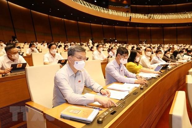 Đại biểu Quốc hội biểu quyết thông qua Nghị quyết về cơ cấu tổ chức của Chính phủ nhiệm kỳ 2021-2026. (Ảnh: Phương Hoa/TTXVN).