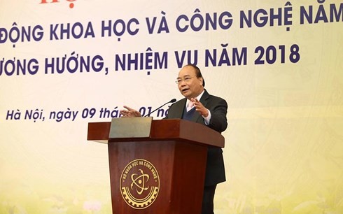 Thủ tướng Nguyễn Xuân Phúc phát biểu chỉ đạo tại Hội nghị tổng kết hoạt động khoa học và công nghệ năm 2017. Ảnh: VOV