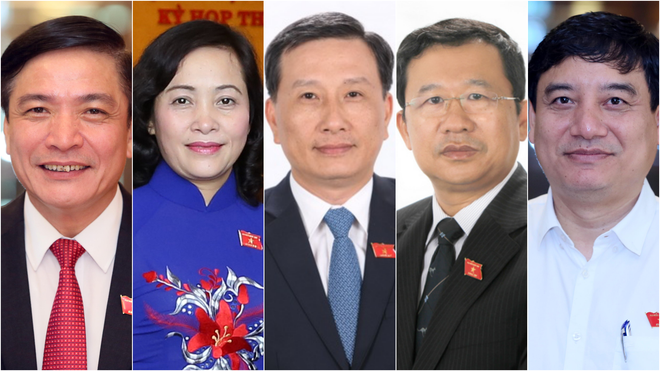Từ trái qua: ông Bùi Văn Cường, bà Nguyễn Thị Thanh, ông Lê Quang Huy, ông Vũ Hải Hà, ông Nguyễn Đắc Vinh.