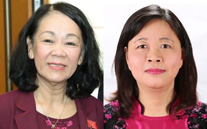 Tân Trưởng ban Tổ chức Trung ương (trái) và tân Trường ban Dân vận Trung ương Bùi Thị Minh Hoài.