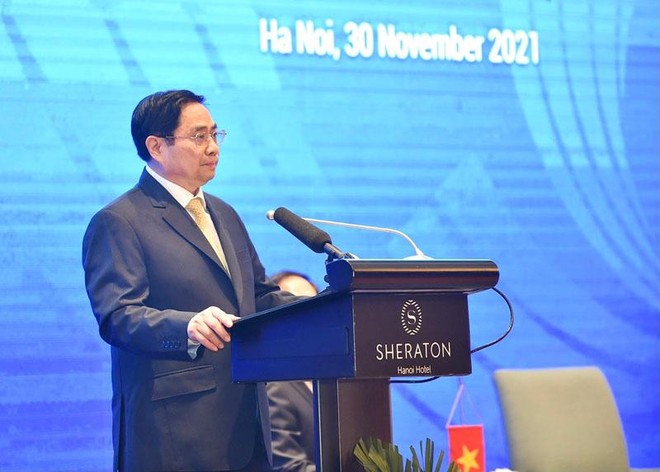Thủ tướng Phạm Minh Chính phát biểu tại Diễn đàn cấp cao của ASEAN về hợp tác tiểu vùng vì tăng trưởng bao trùm và phát triển bền vững. (Ảnh: Nhật Bắc)