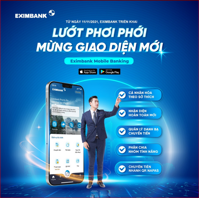 Eximbank Mobile Banking thay đổi giao diện mới