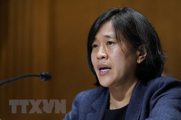 Đại diện Thương mại Mỹ Katherine Tai phát biểu trong phiên điều trần tại Ủy ban Tài chính Thượng viện Mỹ ở Washington, DC, ngày 12/5/2021. (Ảnh: AFP/TTXVN).