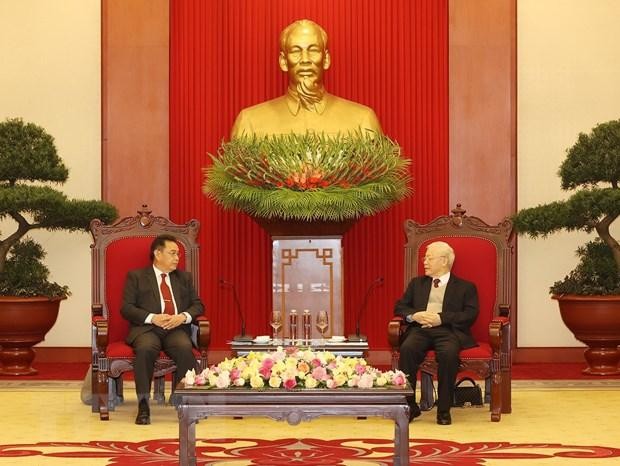 Tổng Bí thư Nguyễn Phú Trọng tiếp Chủ tịch Quốc hội Lào Xaysomphone Phomvihane (Ảnh: TTXVN)